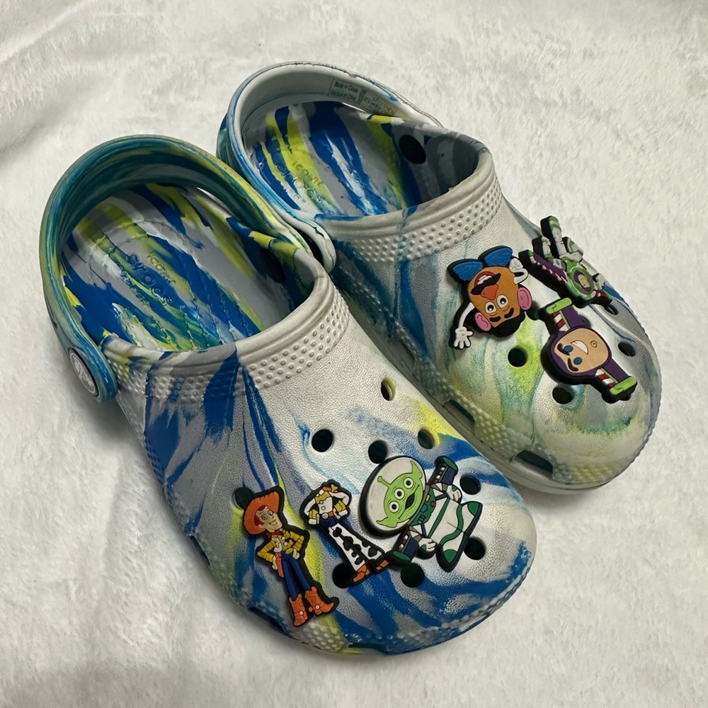 Kids Tie-Dye Blue & Green Crocs Shoes with Toy Story Charms 11C